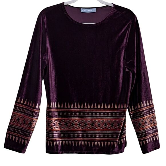 Jessica Holbrook velvet top shirt plum eggplant native aztec geometric print S/M - Picture 8 of 8